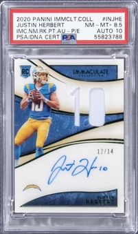 2020 Panini Immaculate Collection "Immaculate Numbers Rookie Patch Autographs" Premium Edition #INJHE Justin Herbert Signed Jersey Rookie Card (#12/14) - PSA NM-MT+ 8.5, PSA/DNA 10